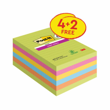 Post-it Notes Super Sticky XXL 101 x 152mm Ultra Colours VALUE PACK 4 + 2 FREE (Pack of 6) 4690-SSUC