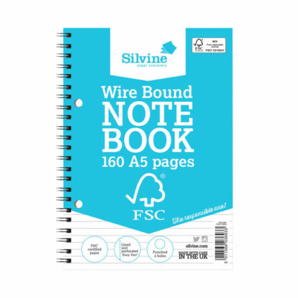 Silvine Envrionmentally Friendly Wirebound Notebook 160 Pages A5 (5 Pack) FSCTWA5